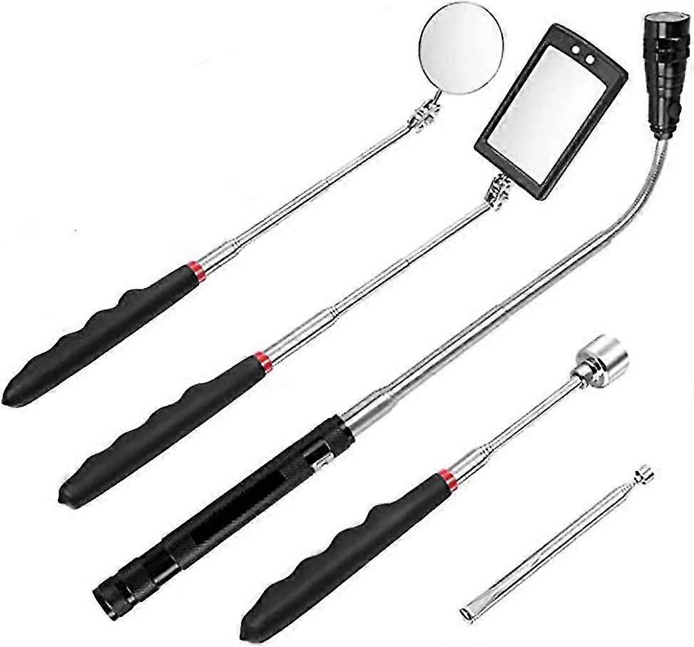 5pcs Magnetic Gripping Tool, 1.5 / 20lb Magnetic Pickup Tool And Square / Round Inspection Mirror, With Led And Telescopic Handle 360 Rotate, Box And