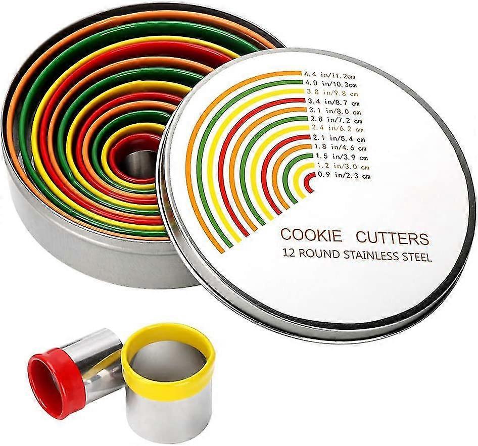 Round Cookie Biscuit Cutter Set - 12 Pack Pastry Cutters In Graduated Sizes For Donut, Dough, Fondant, Clay - Stainless Steel Circle Cutter Cake Ring