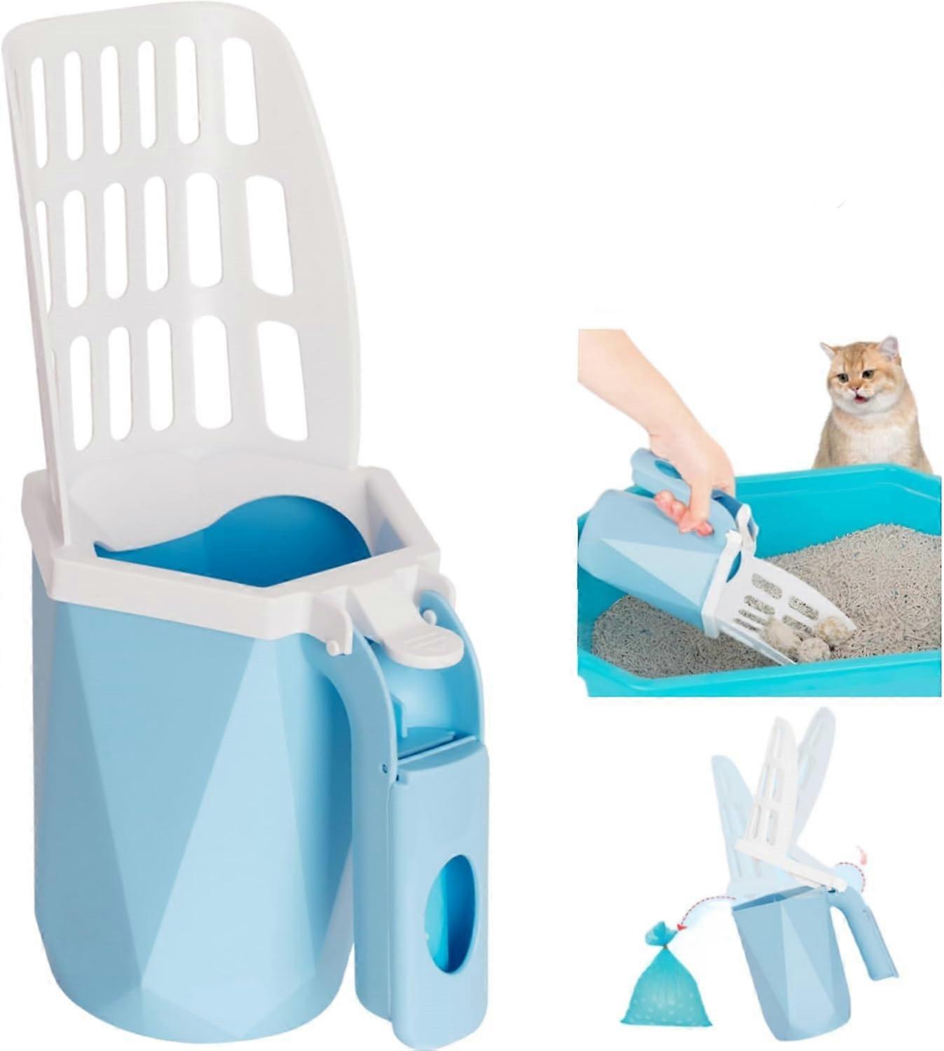 Cat Litter Scoop - Kitty Litter Scooper with Holder for Litter Box  Portable Cat Poop Disposal System (Blue)