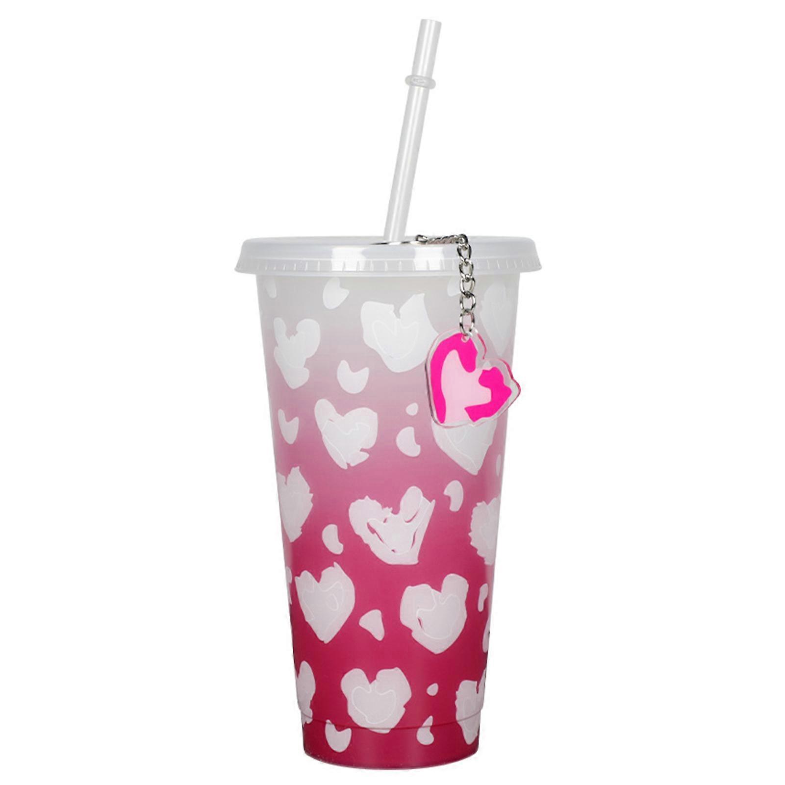 710ML Colour Changing Straw Mug Drop-Resistant Heart Pattern Printed with Keyring Food-grade Straw Cup