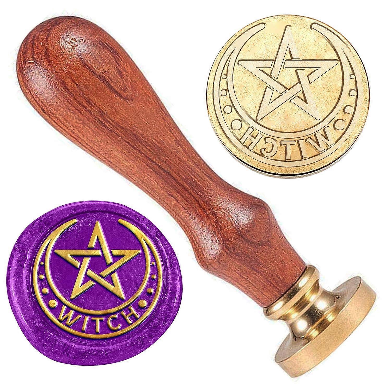 Star Wax Sealing Stamp 1" Removable Brass Stamp Head with Wood Handle Star Moon Wax Stamp with Word "WITCH" for Envelopes Party Invitations Wine Packa