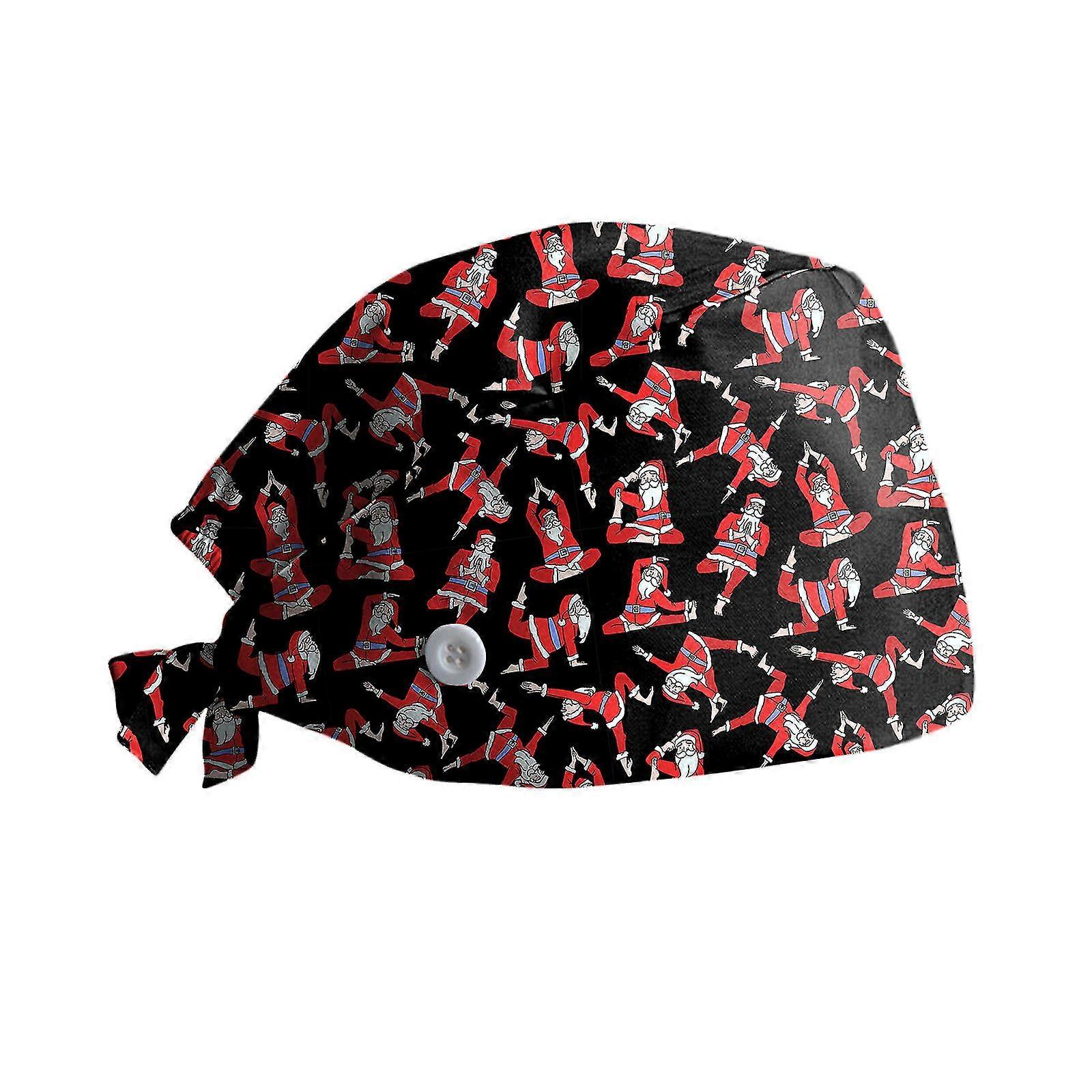 Womens And Mens Christmas Printed Nurse Working Scrub Cap With Buttons Adjust Sweatband Working Cap Bouffant Hats