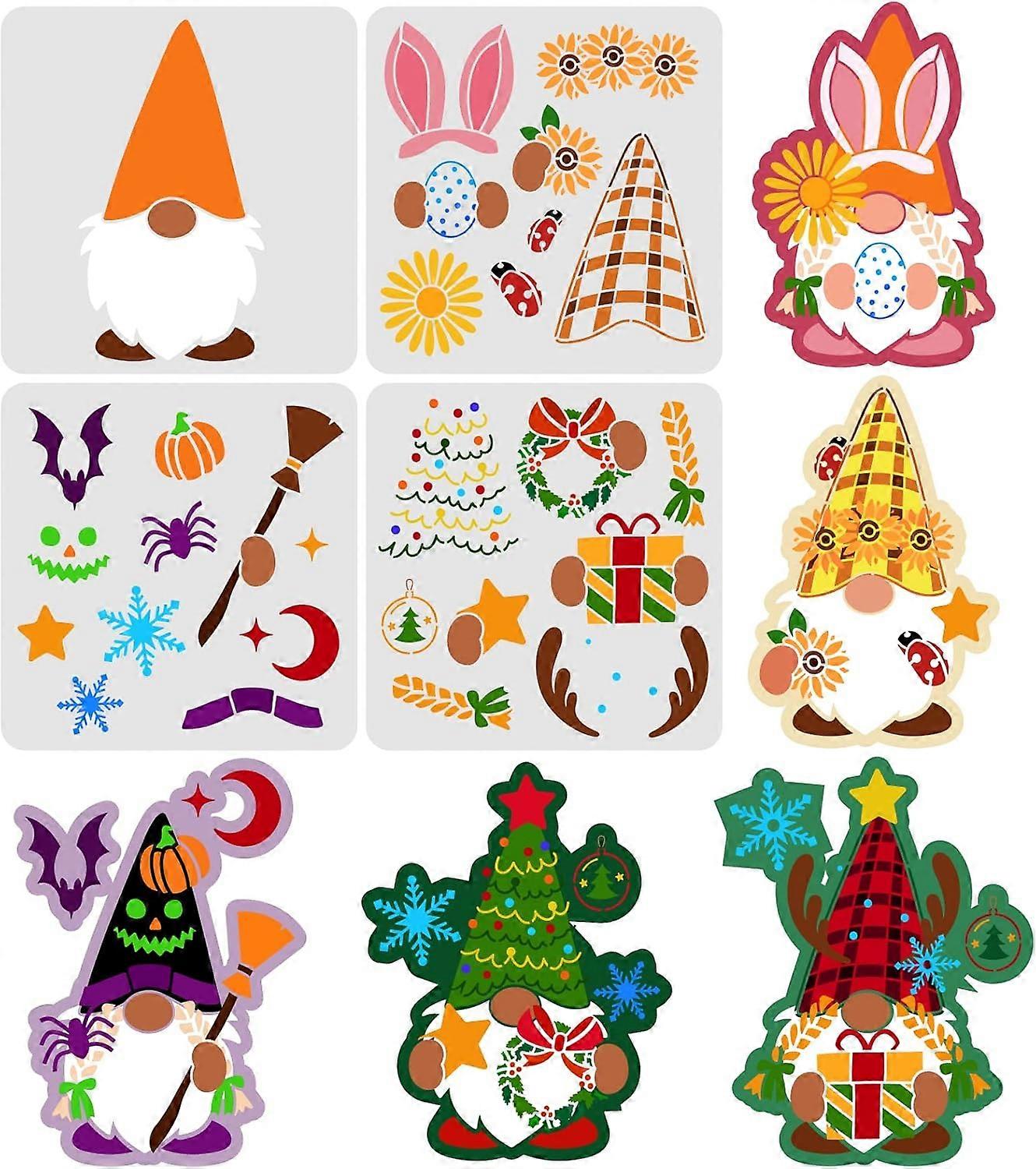 4PCS Layered Gnome Stencils 11.8x11.8 inch Sunflower Snowflake Wreath Painting Stencils Pumpkin Spider Bat Template Star Moon Ribbon Stencil for Chris