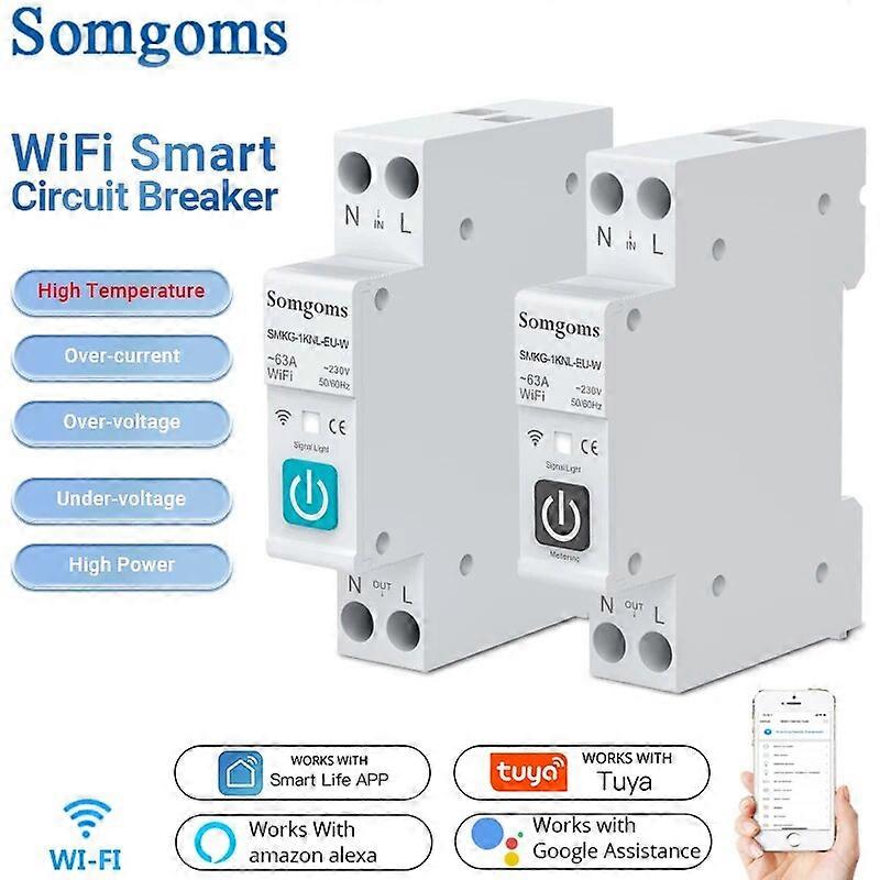 Somgoms TUYA 63A WIFI Smart Circuit Breaker With Metering1P+N Smart Home Wireless Remote Control Smart Life Alexa Google Home