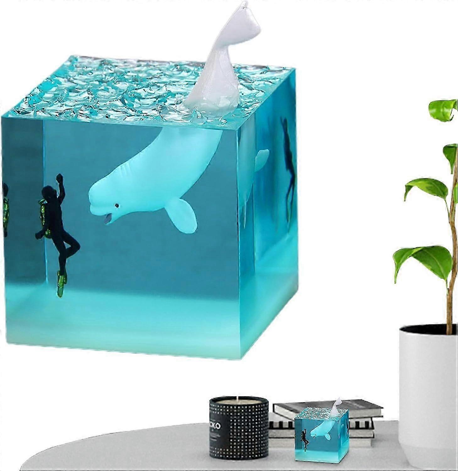 Cube LED Lights Shark Diver Night Light Seabed Diver Whale Epoxy Resin Ocean Night Lights for Desktop Room Decor