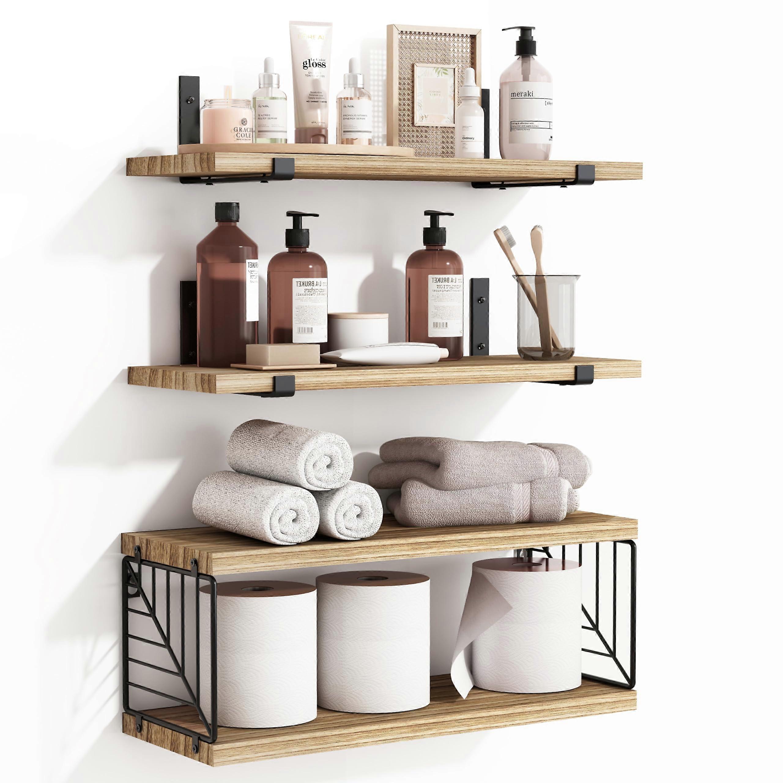 3+1 Tier Floating Bathroom Shelves - 15.8 Inch Rustic Wood Over-Toilet Storage Organizer for Small Spaces