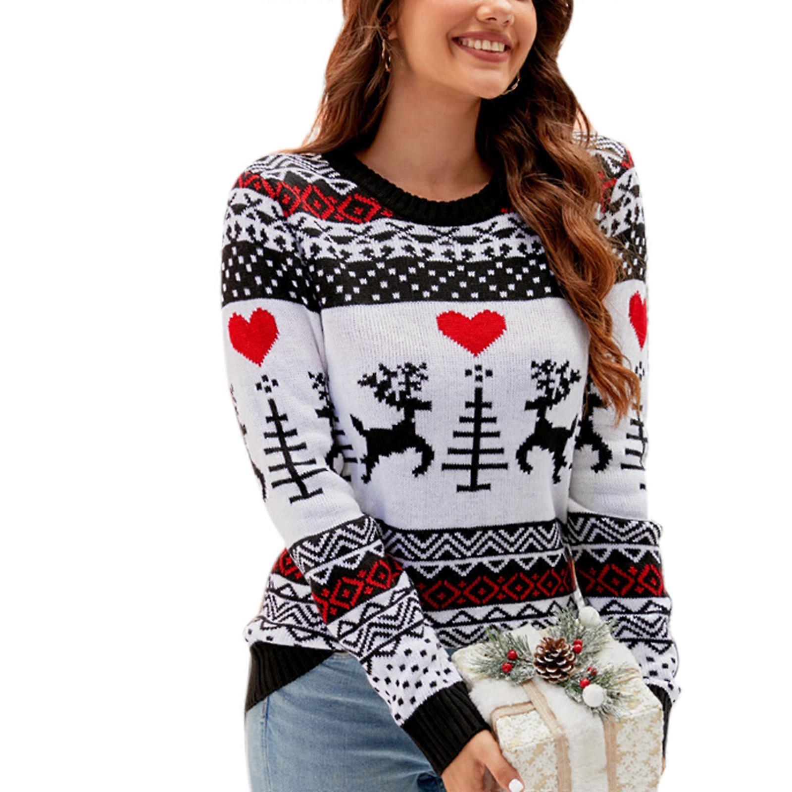 Damen Weihnachtsmuster Strickpullover Kausaler Rundhalsausschnitt Langarm Strick Top Oversized Pullover Pullover Lockerer Pullover A1048 M