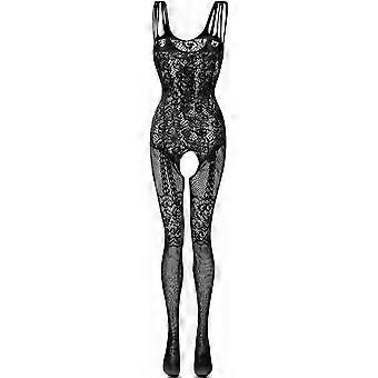 Floraler Spitzenbody aus Netzstoff mit angesetzten Strümpfen für Dessous-Partys und Verabredungen für Damen, elegantes schwarzes Design