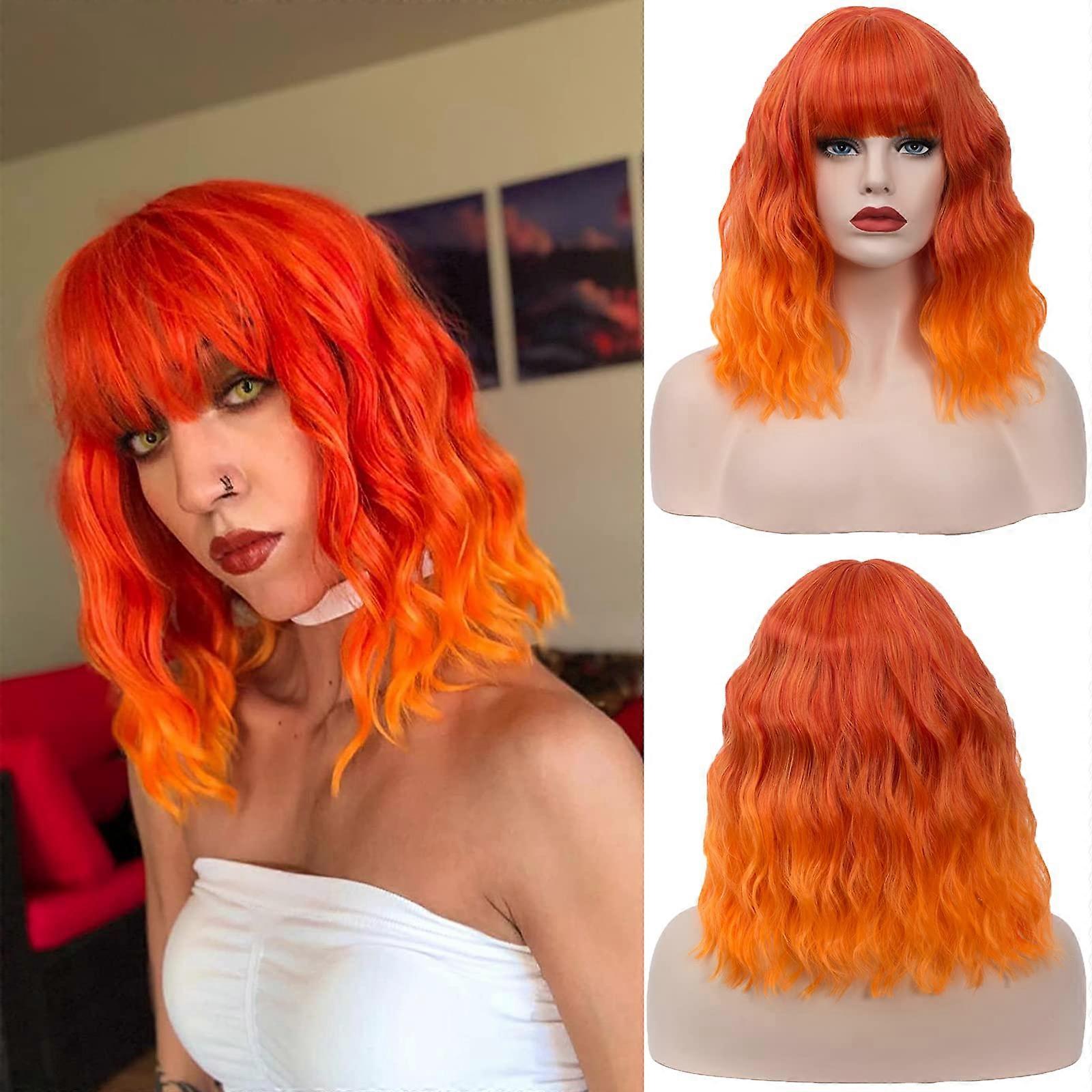 Women's Orange Fire Ombre Wig - Short Curly Wavy Shoulder Length Hair with Flat Bangs for Cosplay and Halloween