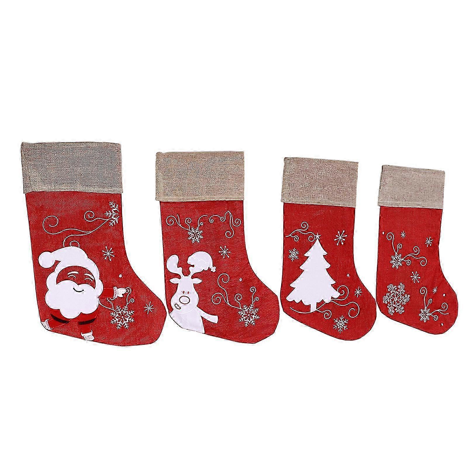 Christmas Stocking Decorative Cartoon Pattern Cuff Ornament for Tree Stairs Fireplace Red 4pcs