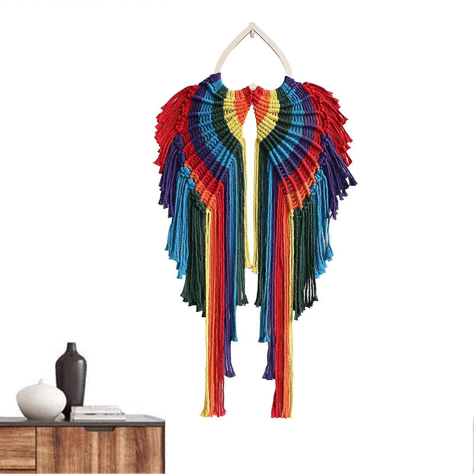 Engelsflügel Wandbehang - Gewebter Wandteppich aus Baumwollseil mit Quasten | Bunte Boho Wandkunst 70x100cm
