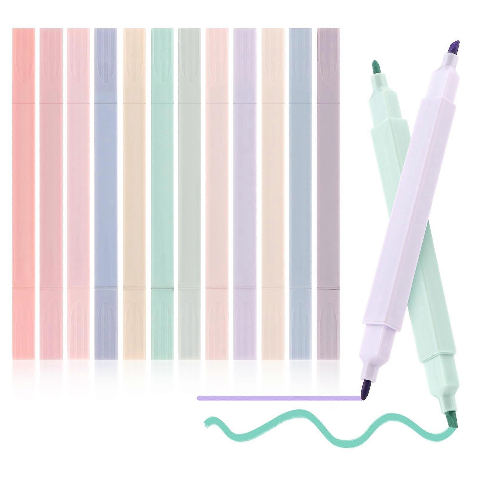 Pastel Highlighters 12-Piece Double-Sided Set, No Bleeding, Quick-Dry, Aesthetic School Stuff, Two Feather Types