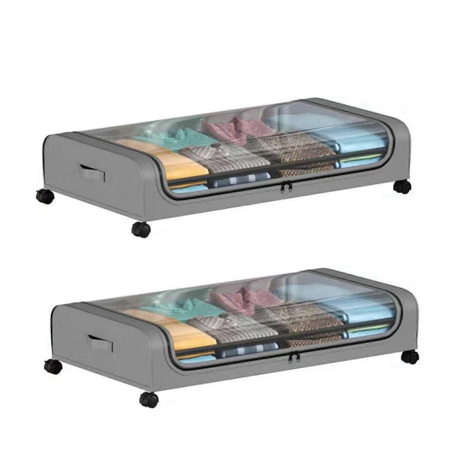 Underbed storage containers with wheels, metal drawers for clothing, shoes, books, and toys, 2 pieces, gray, spacesaving storage solutions.