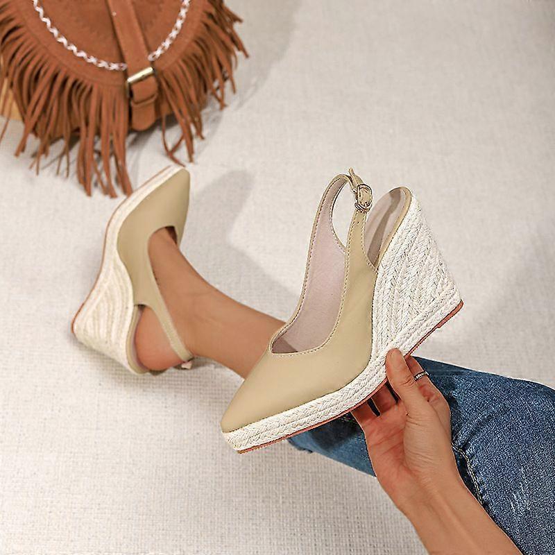 Wedge Heel Thick-Soled High-Heeled Pointed-Toe Flip-Top Women's Shoes With An Empty Buckle At The Back And A Straw-Woven Hemp Rope Sole