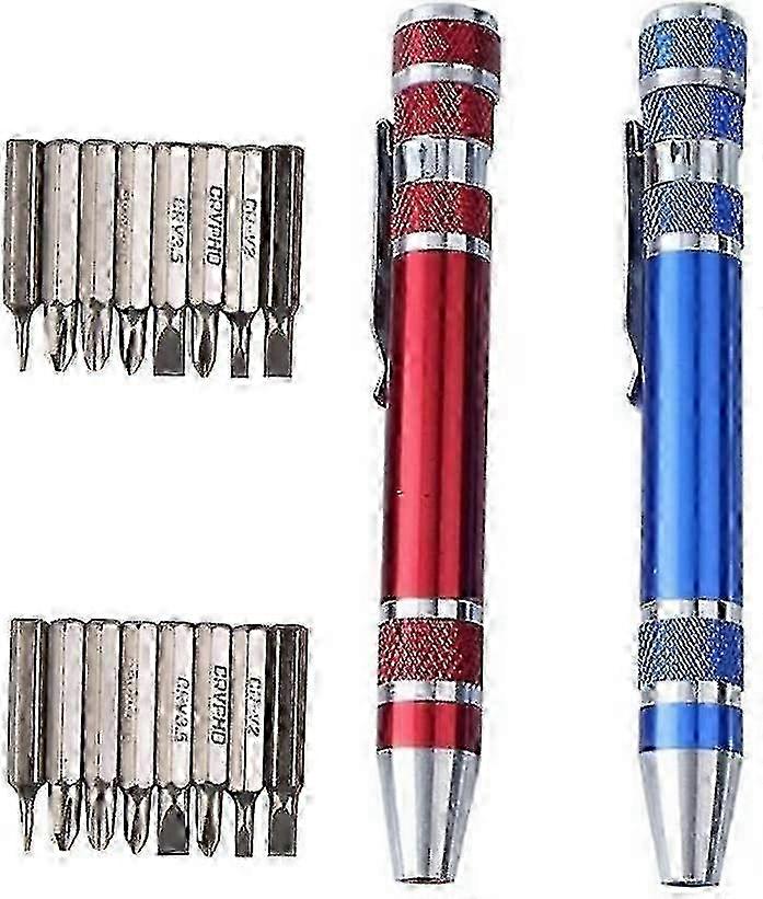 8-in-1 Precision Screwdriver Set with 2 Pieces & Screwdriver Bits - Slotted Repair Design Ballpoint Pen in Red & Blue