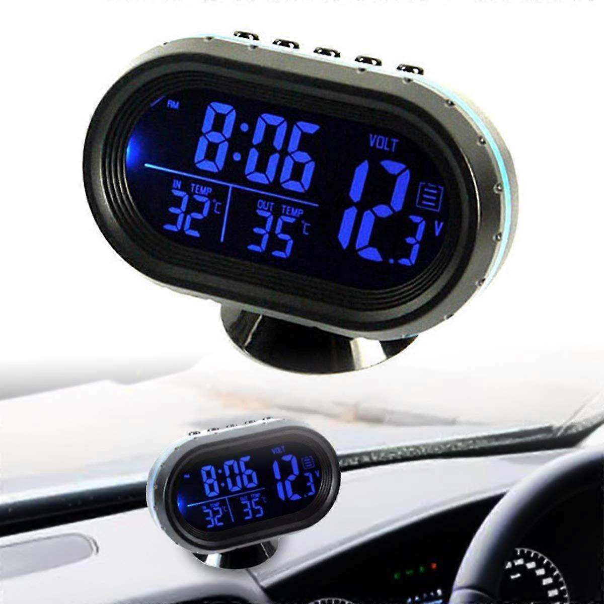 Car Clock DC 12-24V Digital Thermometer Voltmeter Monitor LCD Two-Way Time Display for Vehicles, Trucks, Boats