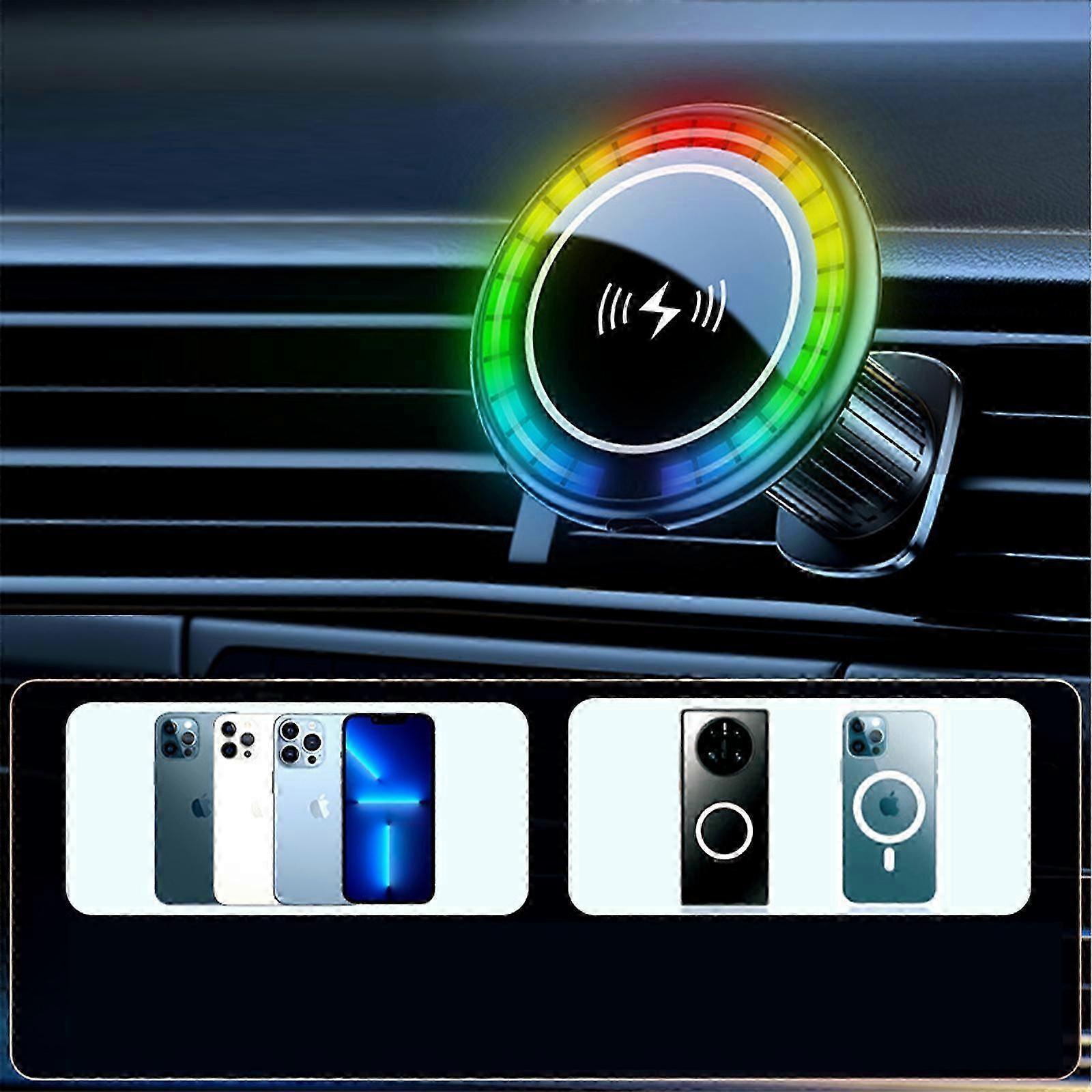 Suporte magnético para carregador de carro sem fio RGB, suporte para telefone compatível com MagSafe iPhone 12/13/14, carregamento rápido de 15W