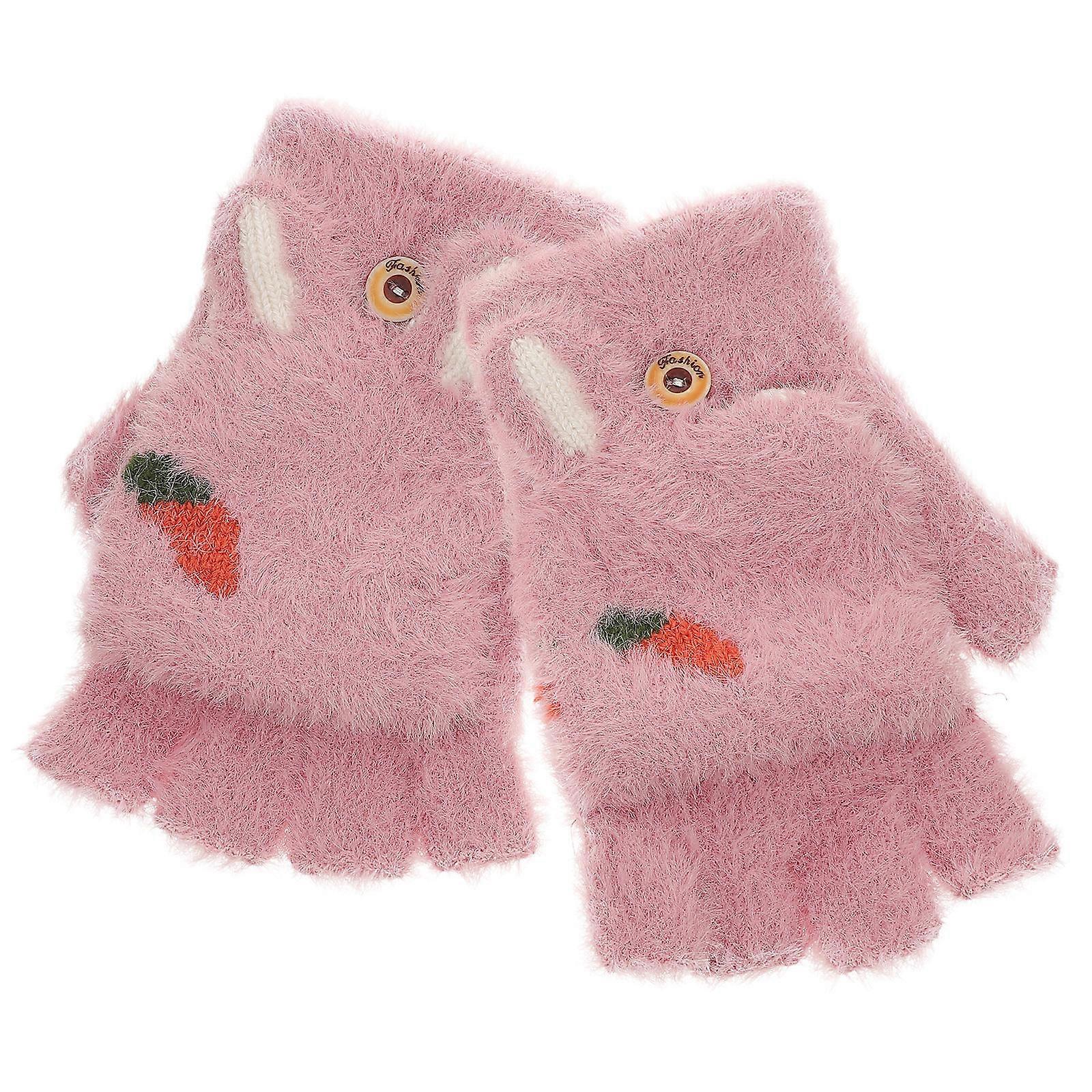 Cartoon Printed Winter Fingerless Gloves with Flap Cover – Thickened Warm Lining, Breathable & Skid Resistant Half Finger Gloves for Women – Ideal