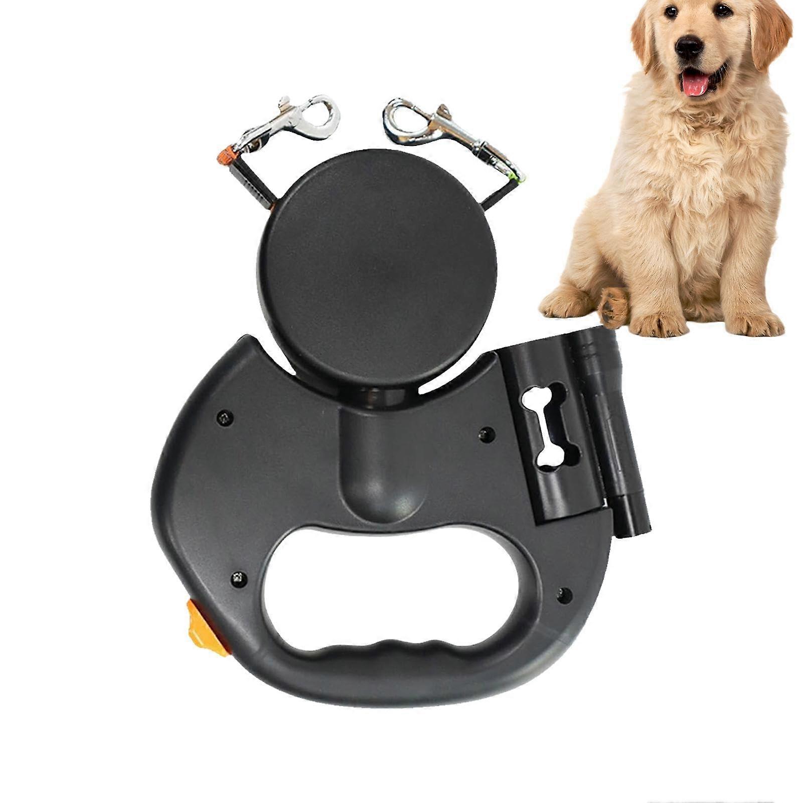 Extendable dog leash for 2 dogs, lockable, retractable, ergonomic, for multiple dogs, black