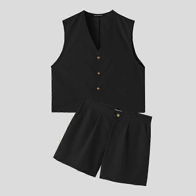 INCERUN Two-piece Suits Men Sleeveless Vest Shorts Outfit Casual Zipper Short Pants Sets