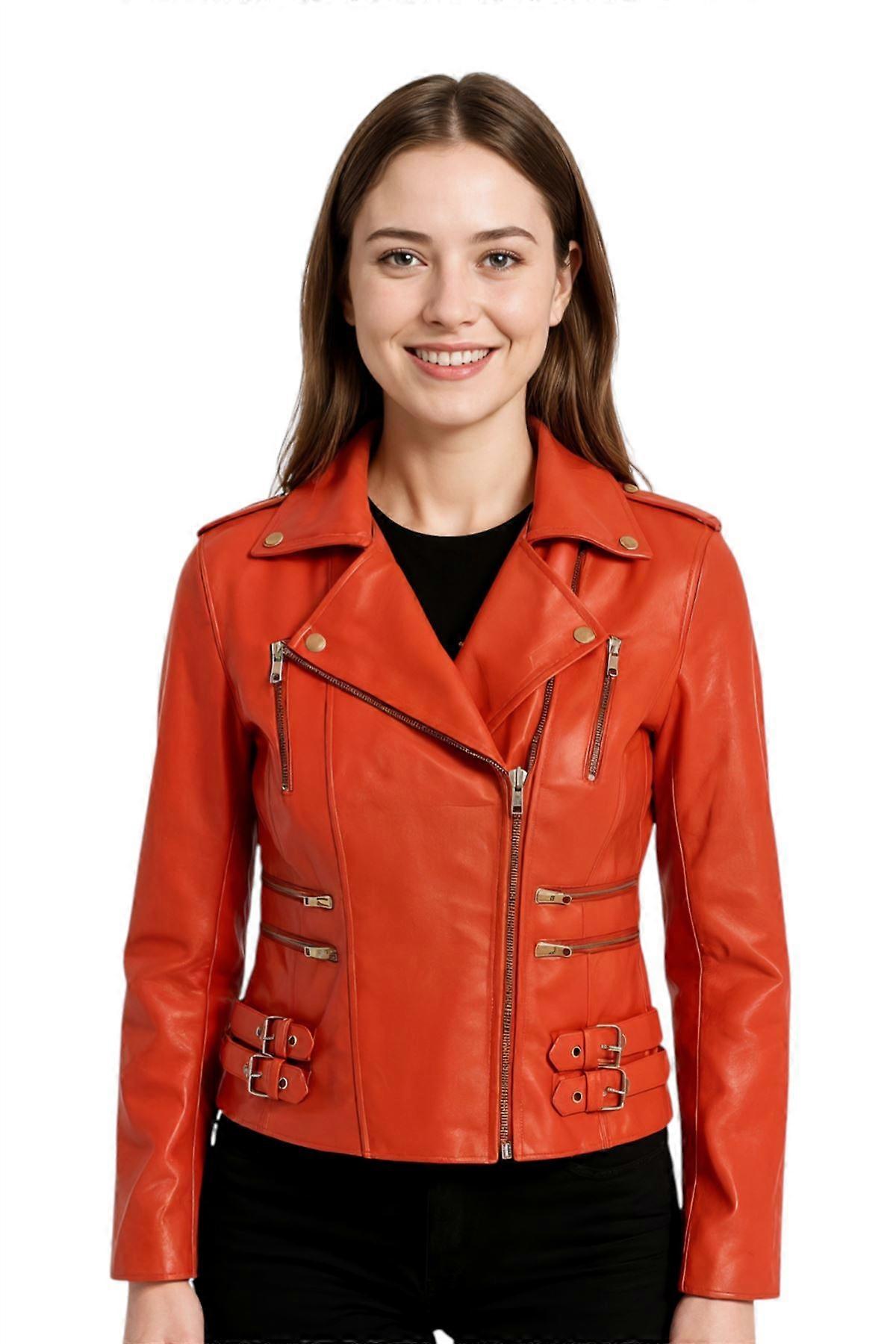 Ladies Leather Biker Jacket Orange Real Lamb Nappa Vintage Gothic Buckle Jacket