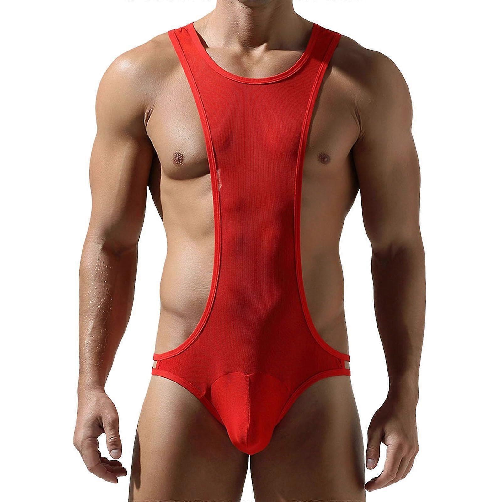 Men's Super Stretch Bodysuit String Backless Cross Design Undershirt Stringer Tank  Sexy Underwear Briefs Dessous XL Red