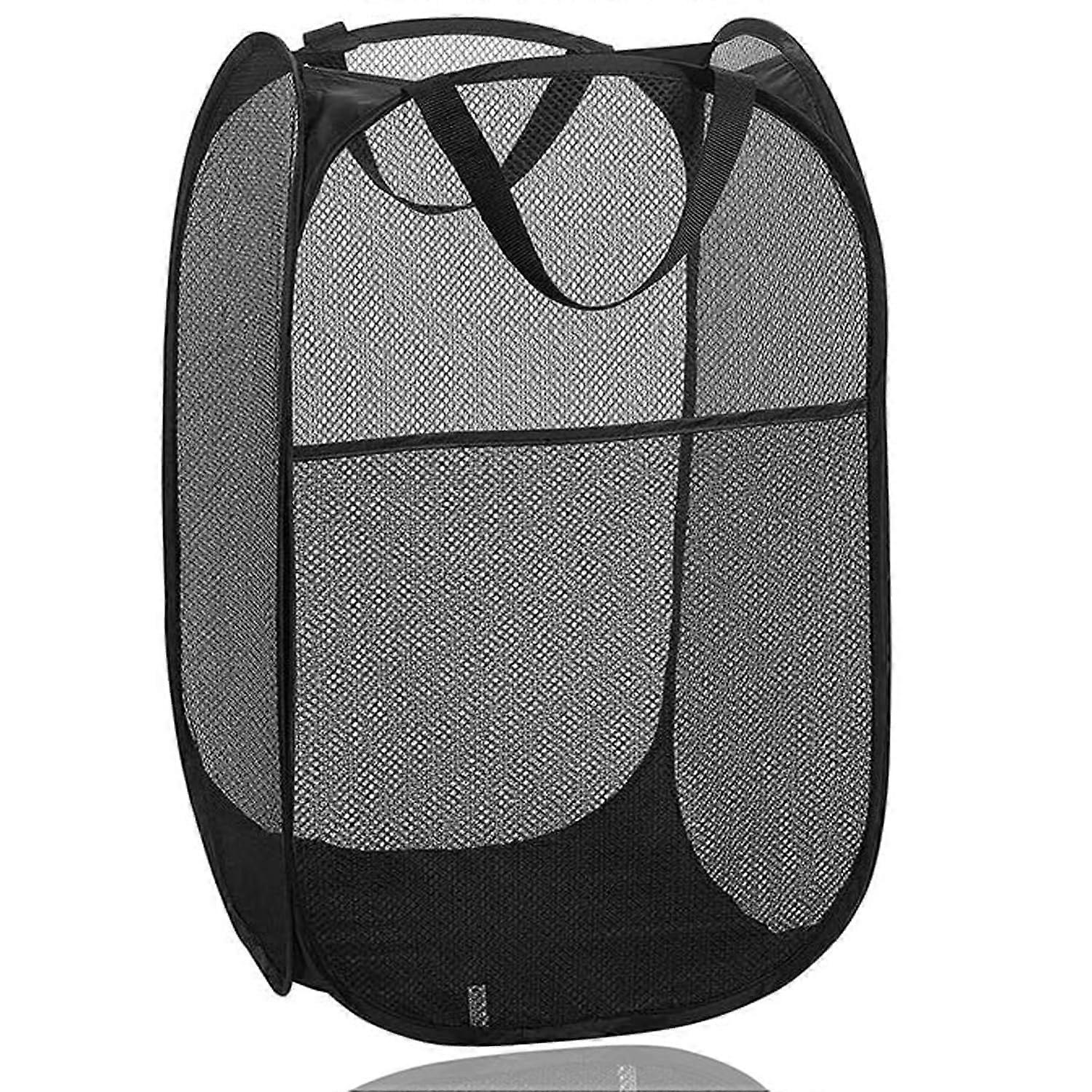 Folding Laundry Basket Mesh Collapsible with Handles (Black)
