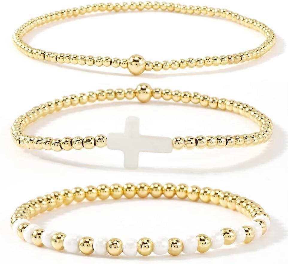 3PCS/Set Dainty Cross Gold Bracelets Stack for Women,Handmade Boho
