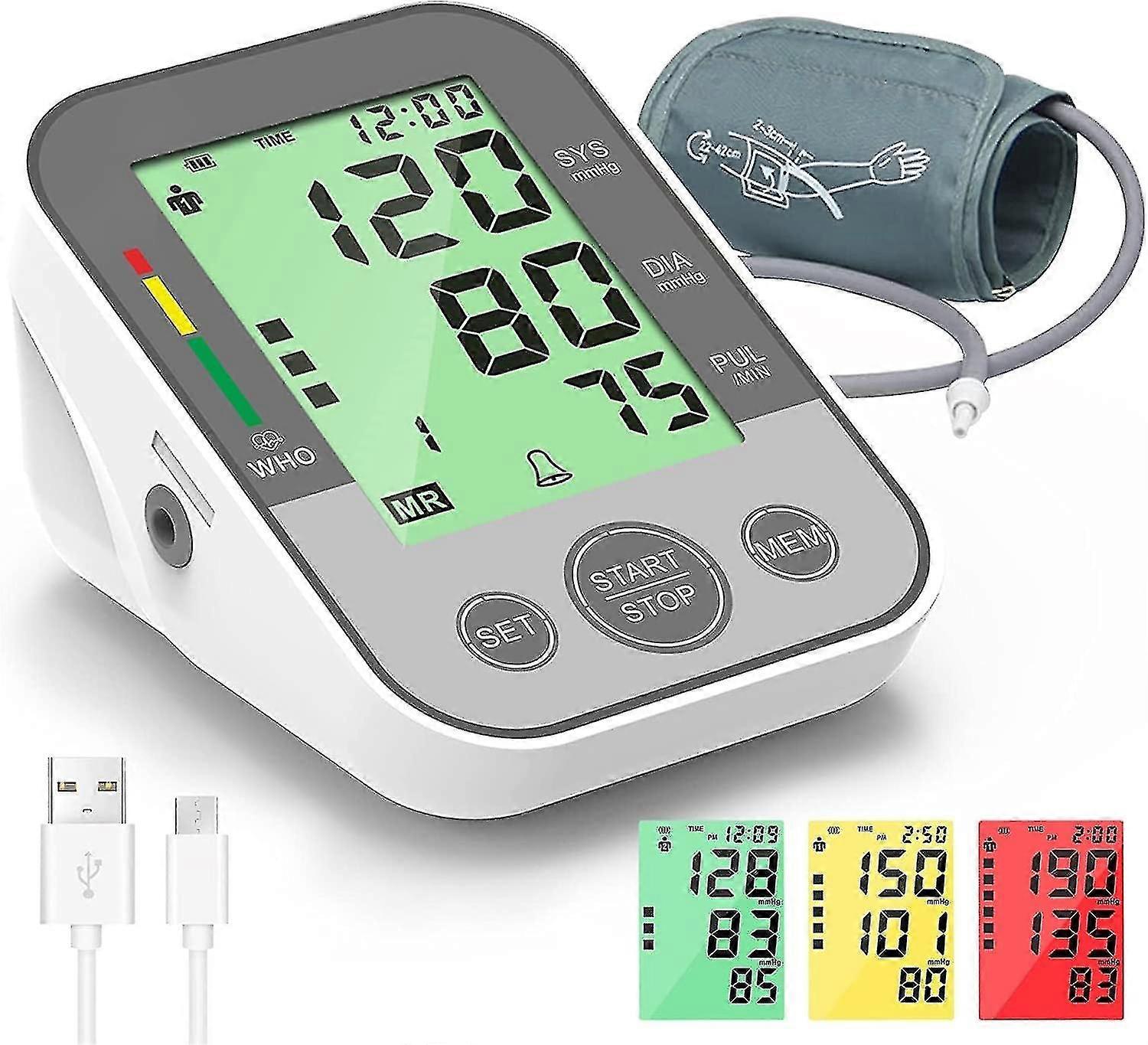 Automatic blood pressure monitor, extra-long adjustable cuff, multi-power supply mode with dual-user recording