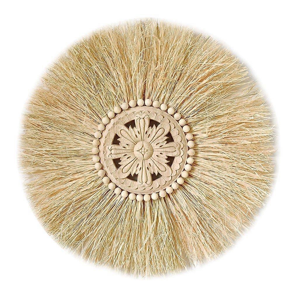 Boho Handmade Woven Straw Wall Decor Moroccan Wood Beads Wall Hanging Ornament Round for Living Roo