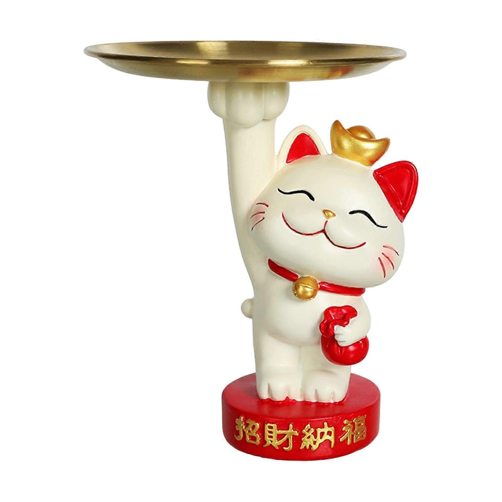 Lucky Cat Statue Storage Tray Sundries Container For Entryway Table Decor Ceramic Maneki Neko Style 6 Inch Black
