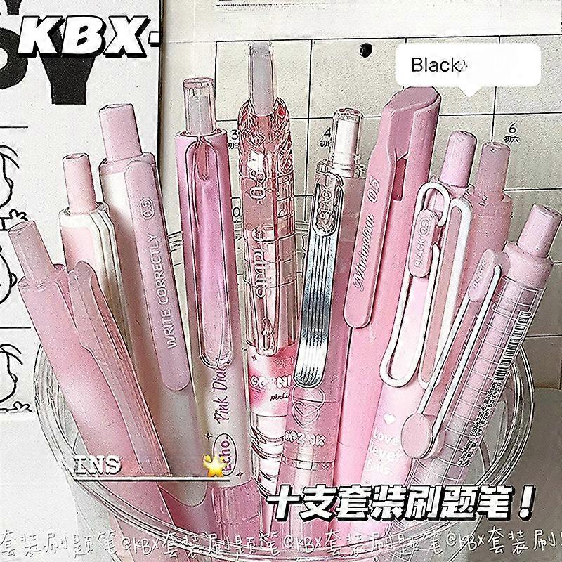 10pcs/set Gradient Color Click Pens 0.5mm Black Ink Smooth Gel Pens Essay Writing Exam Set Students Supplies Back To School