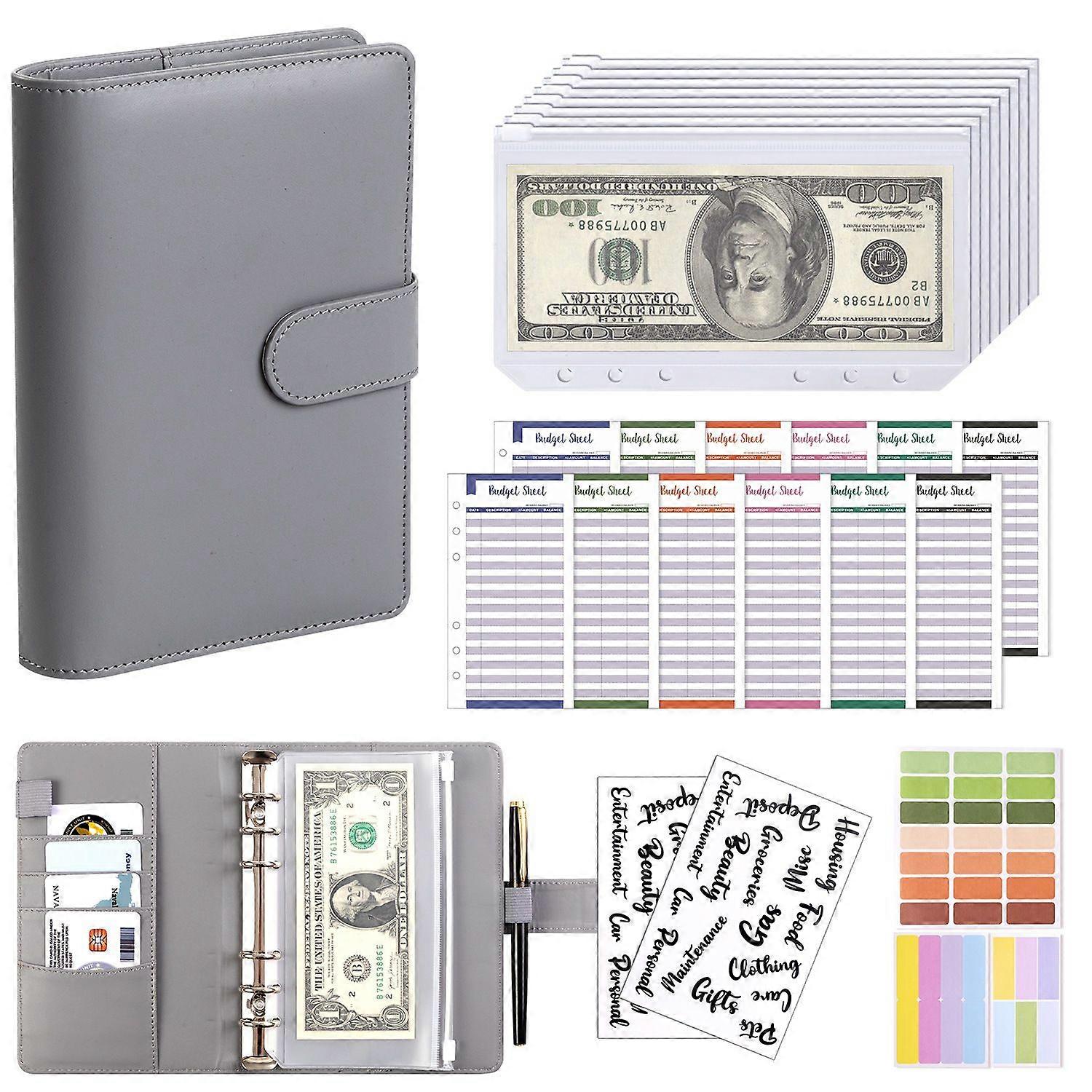 A6 Loose-Leaf Notebook in PU Leather with 8 A6 Closing Envelopes for Gray Cash Budgets