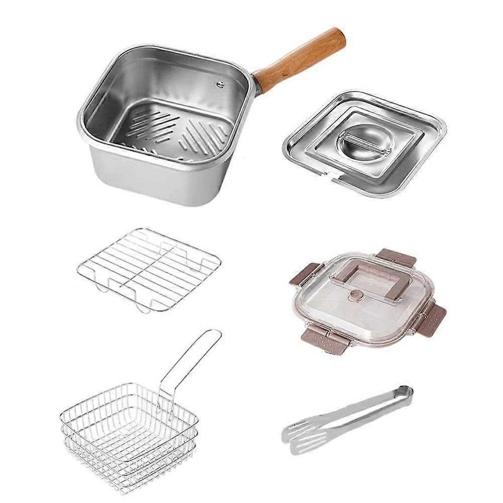 Stainless Steel Frying Pan Oil Saving Square Deep Fryer Pot with Basket Handle Versatile Deep Fryer