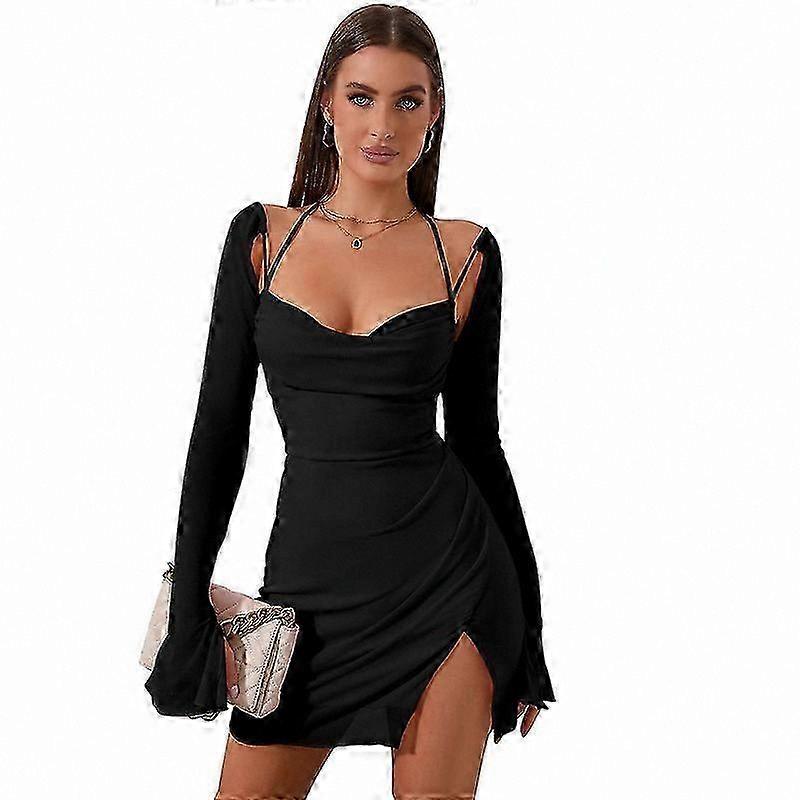 Women's Ruched Mini Dress with Mesh Halter and Flounce Sleeves