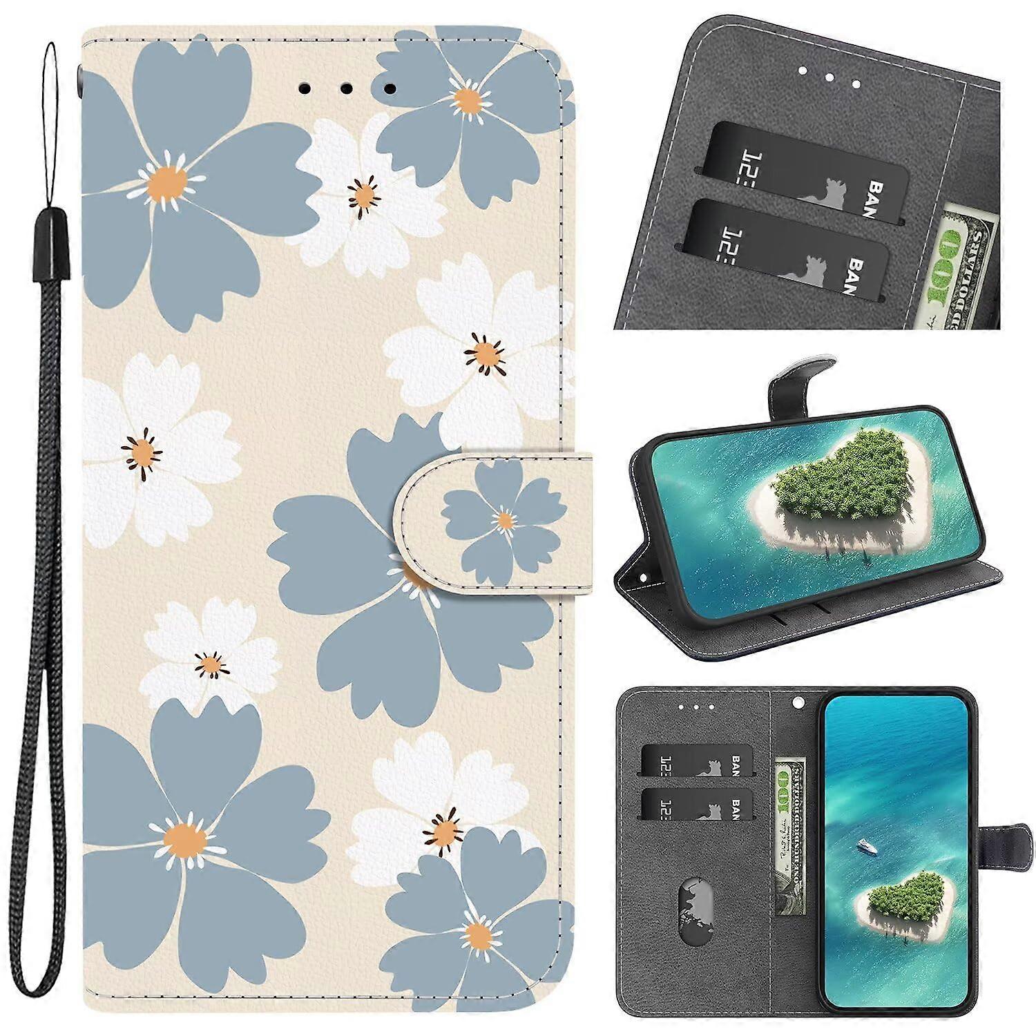 Phone Case for Galaxy M34/F34 Magnetic PU Leather Wallet Shockproof TPU Bumper Flip Cover Card Slot Blue Daisy