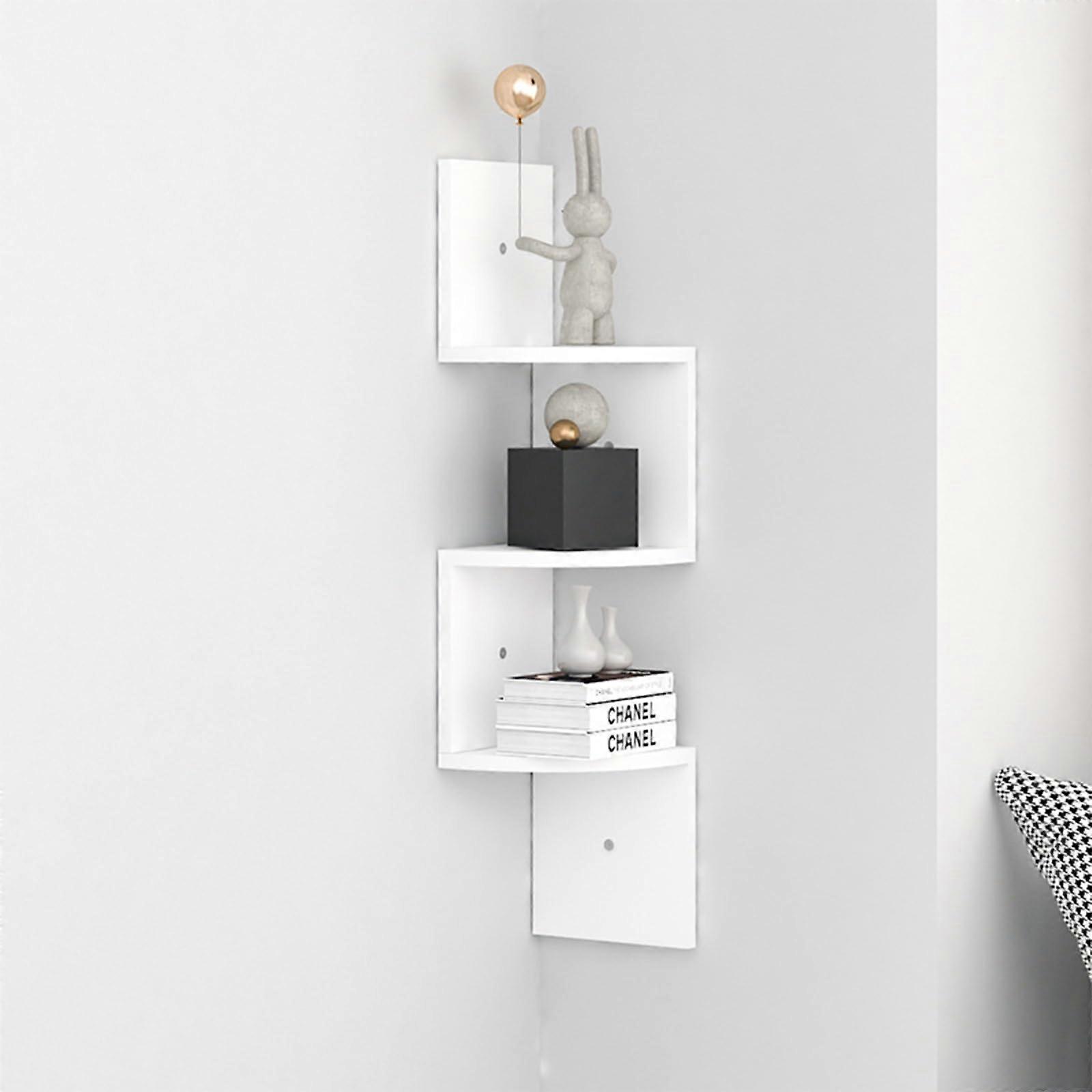 81cm Tall Corner Shelf Wall Unit Zigzag Floating Rustic Wood Display Rack for Bedroom or Living Room White