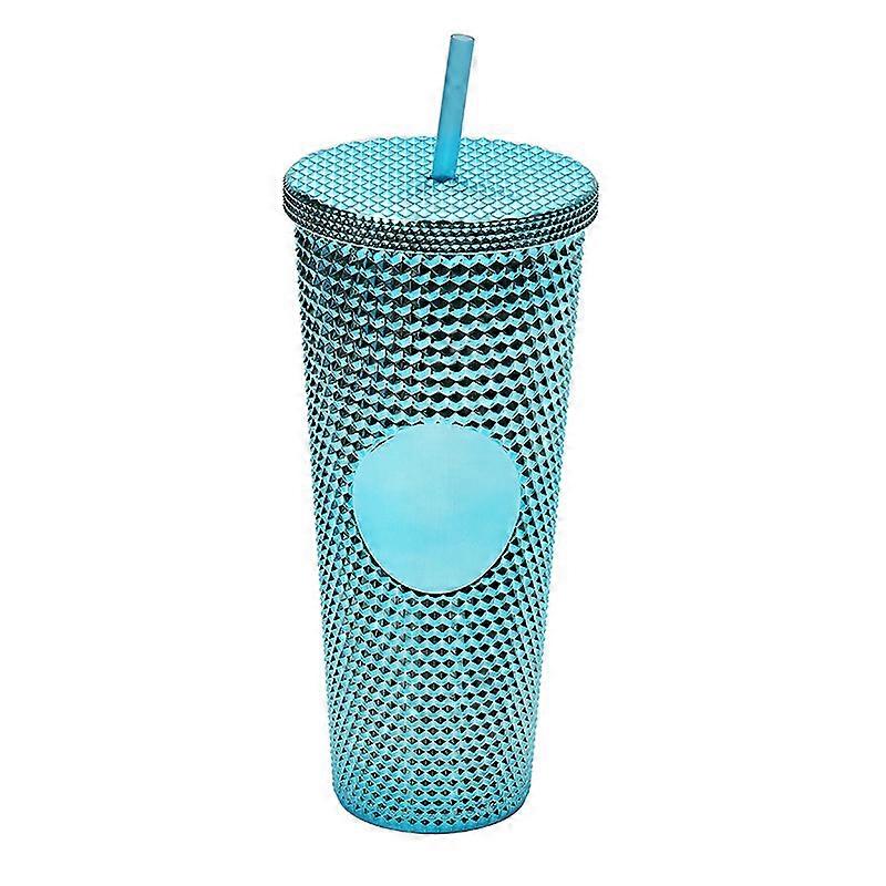 Electroplated Blue 701-800ml Double-Layer Plastic Straw Cup, Large Capacity, Creative, Electroplated Gradient Color, Durian-Shaped Cup