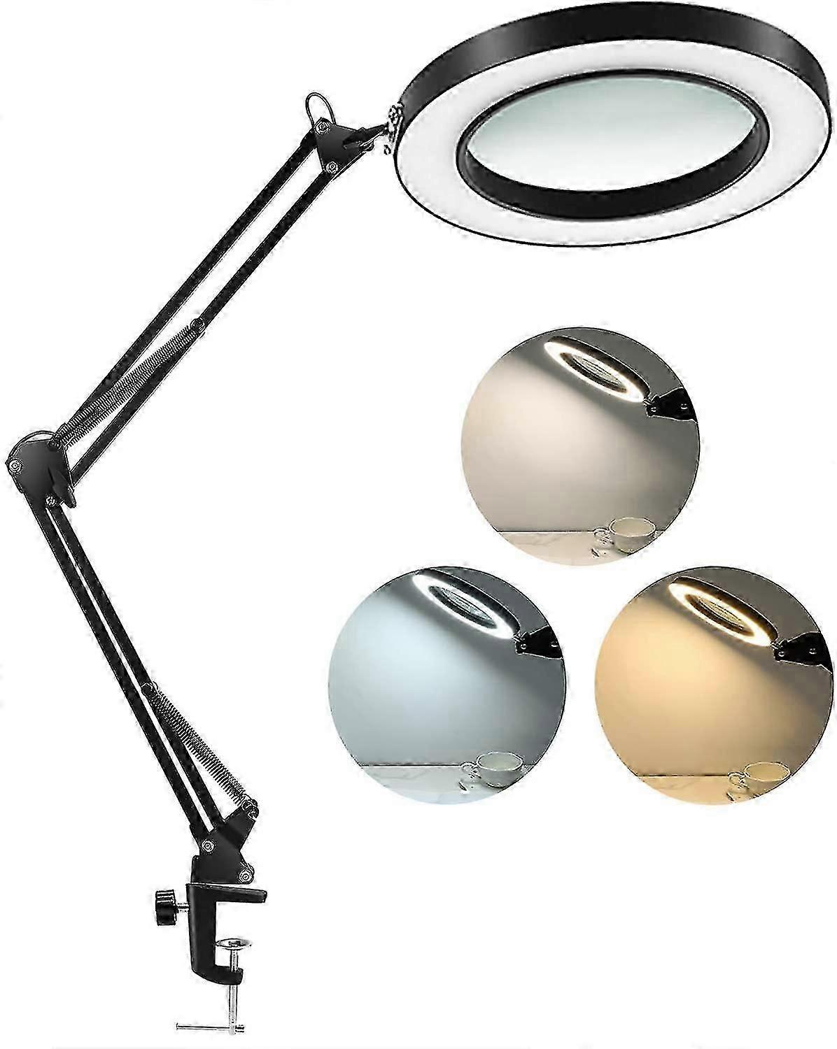 Led Magnifying Lamp With Clamp, 1,500 Lumens Stepless Dimmable, 3 Color Modes, 5-diopter 4.3 Real Glass Lens, Adjustable Swivel Arm Lighted Magnifier