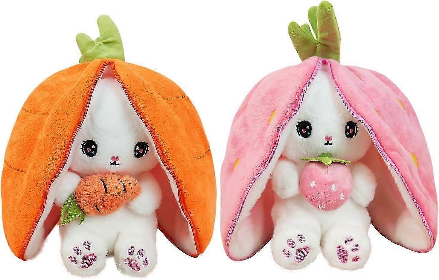 Strawberry Bunny Plush Toy for Kids, Reversible Rabbit Stuffed Animal with Zipper 25cm