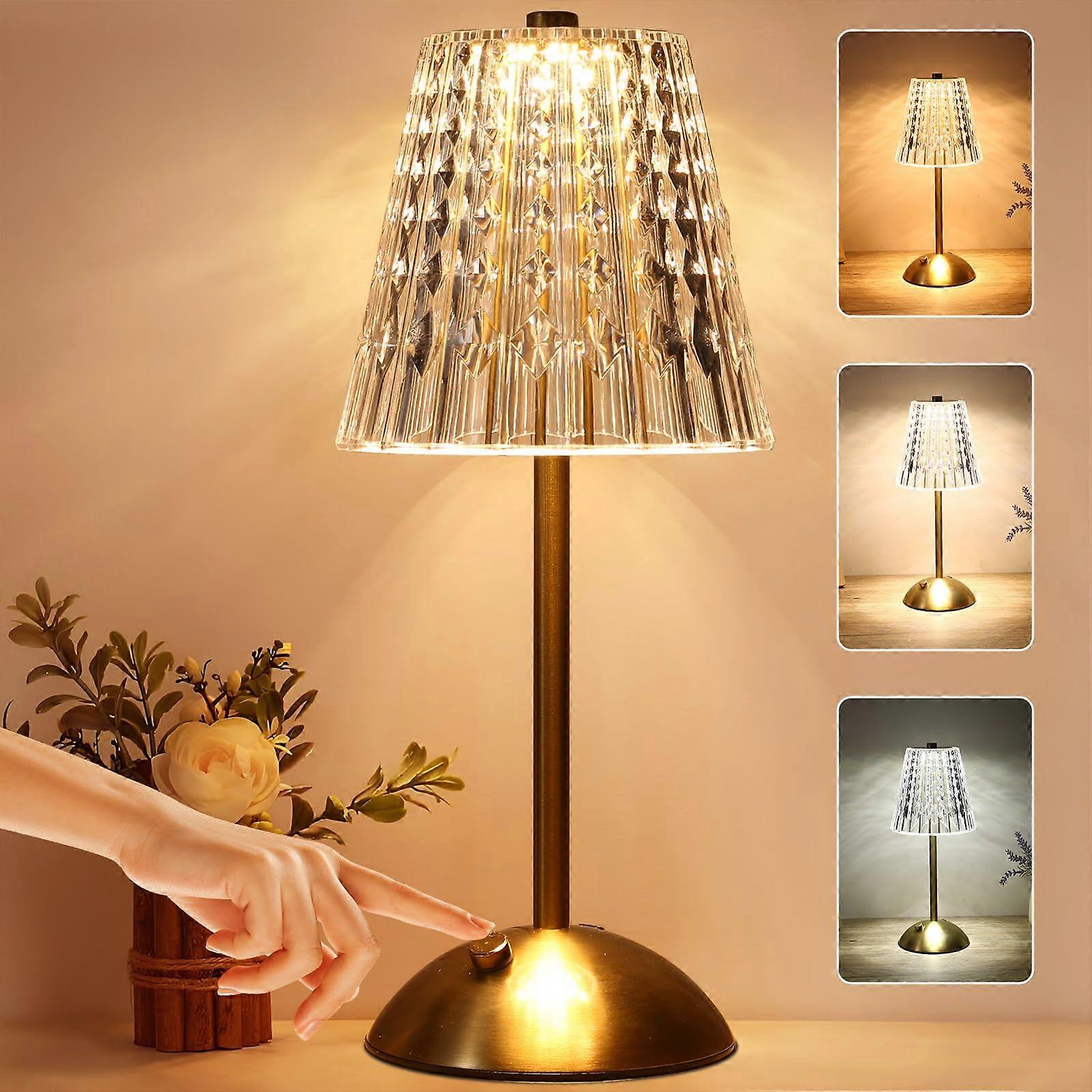 Crystal Table Lamp with Touch Control Dimming, 3 Color LED Gold Rechargeable Cordless Design for Bedroom