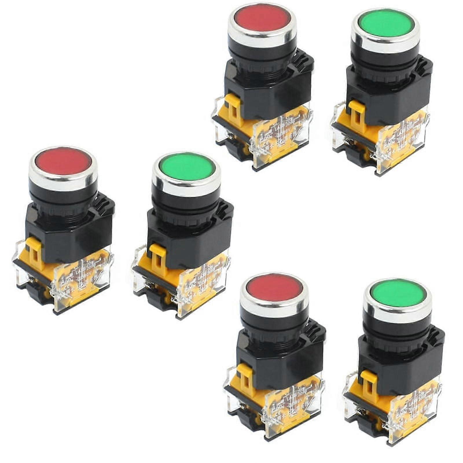 6Pcs 22mm Mount 10A 380V DPST Red Green Momentary Push Button Switch
