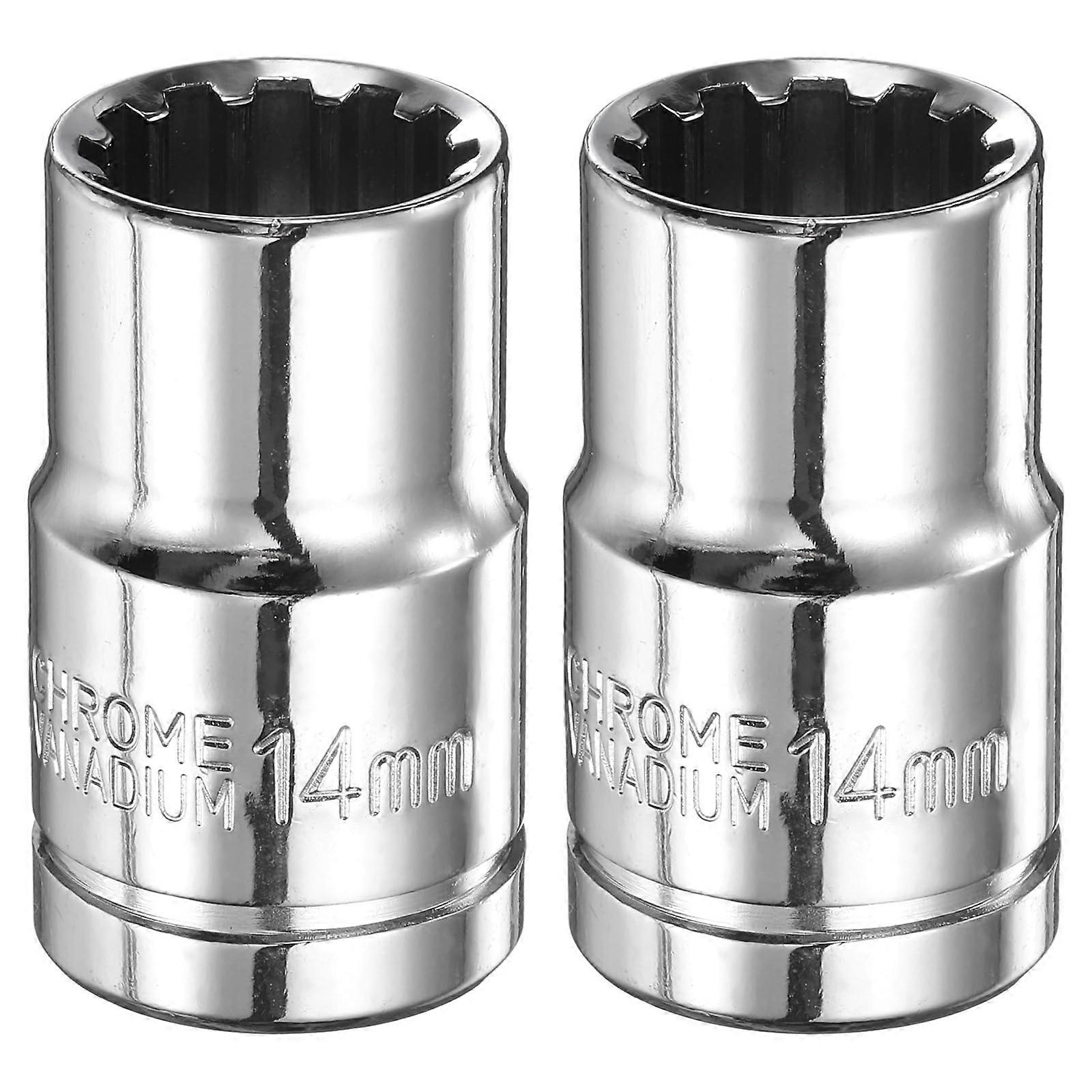 2pcs 14mm 12 Point Shallow Socket 1/2 Inch Drive Chrome Vanadium RustResistant for Car