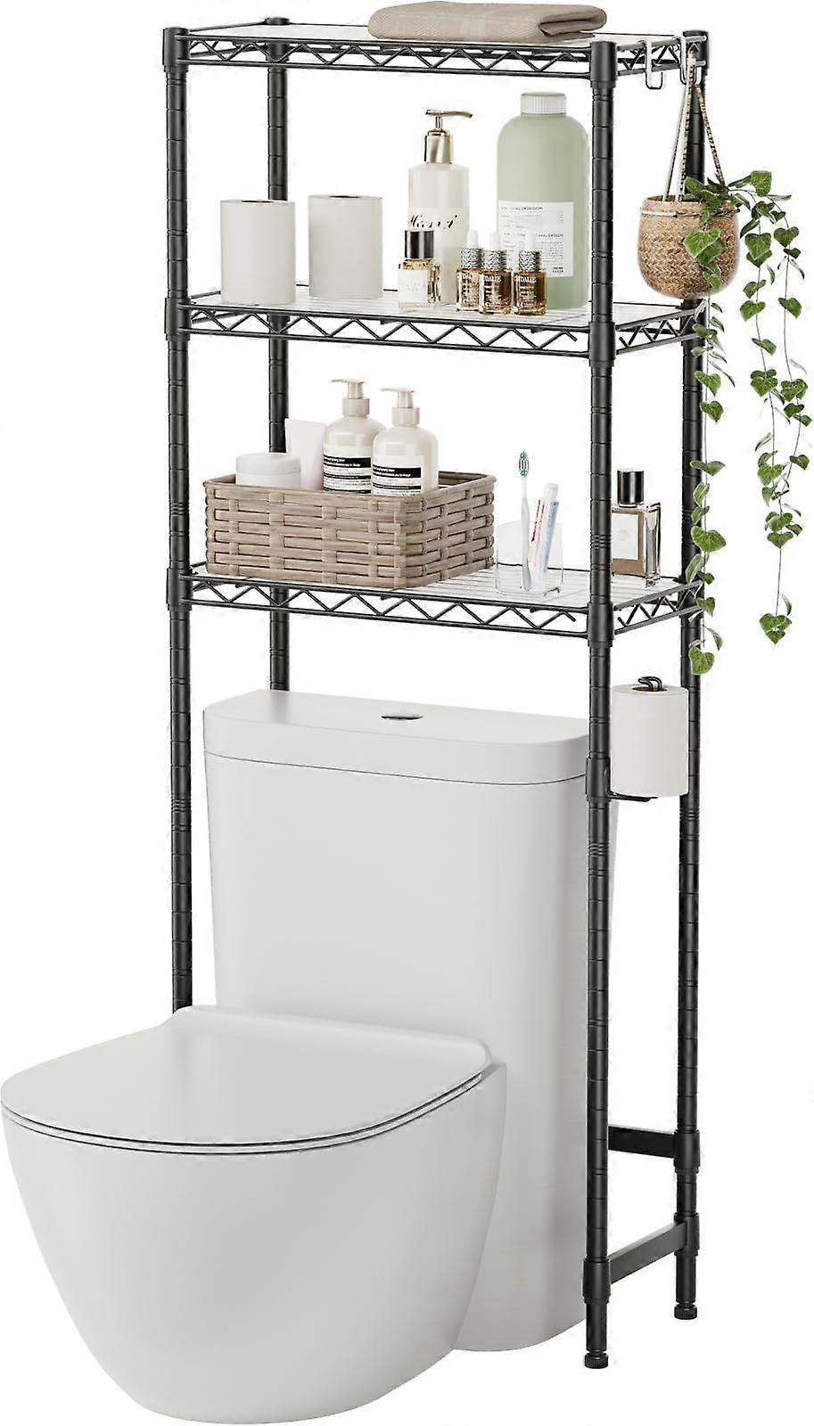 Over the Toilet Storage Rack, 3Tier Rustproof Bathroom Organizer Shelf with Adjustable Height Shelves and Toilet Paper Holder, Black