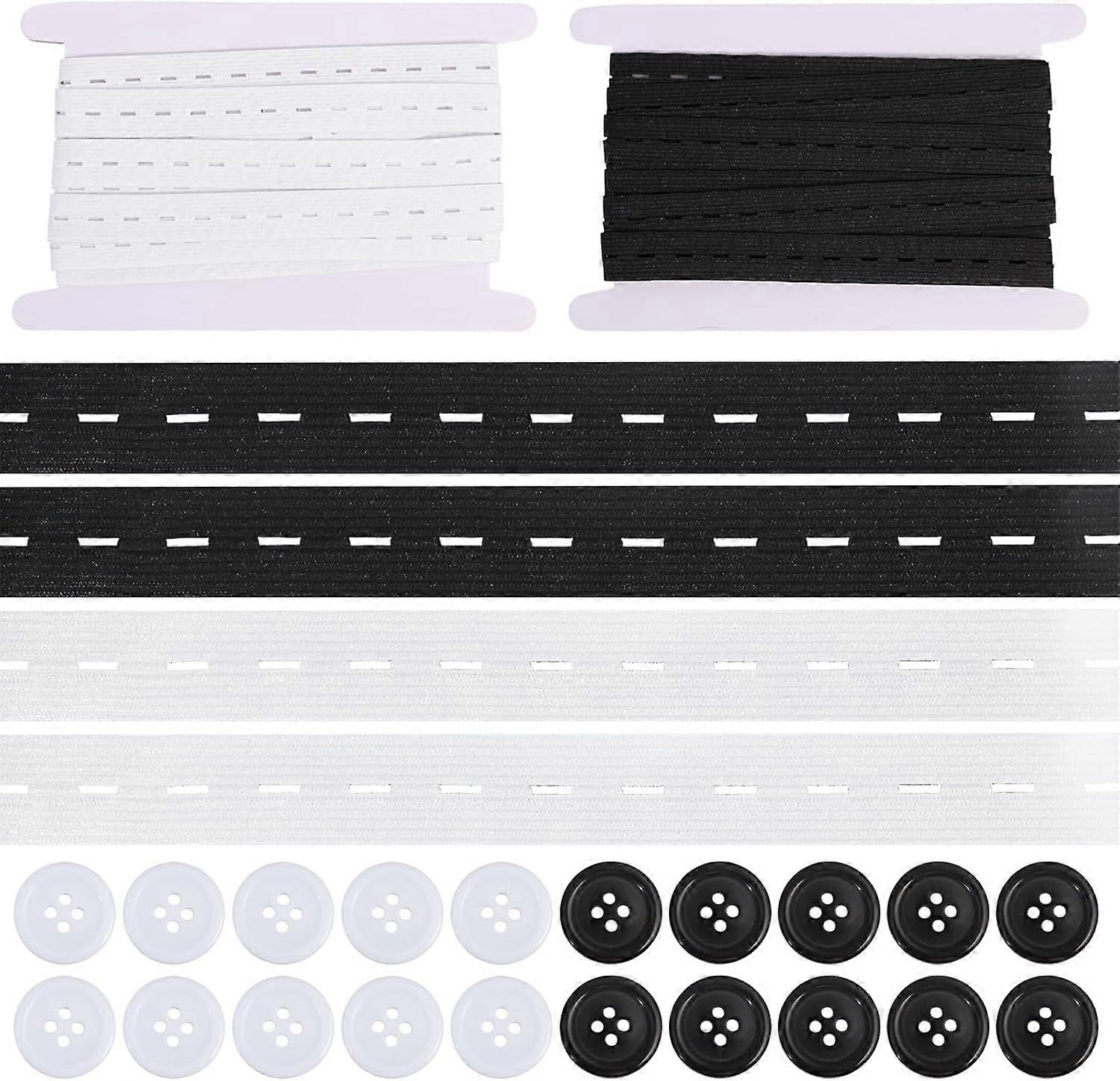 2Pcs 2Colors 3/4 Inch Elastic Sewing Bands 13Yards Black and White Sewing Elastic Bands With Buttonhole Knit Stretch Cord Belt with 20Pcs Resin Button