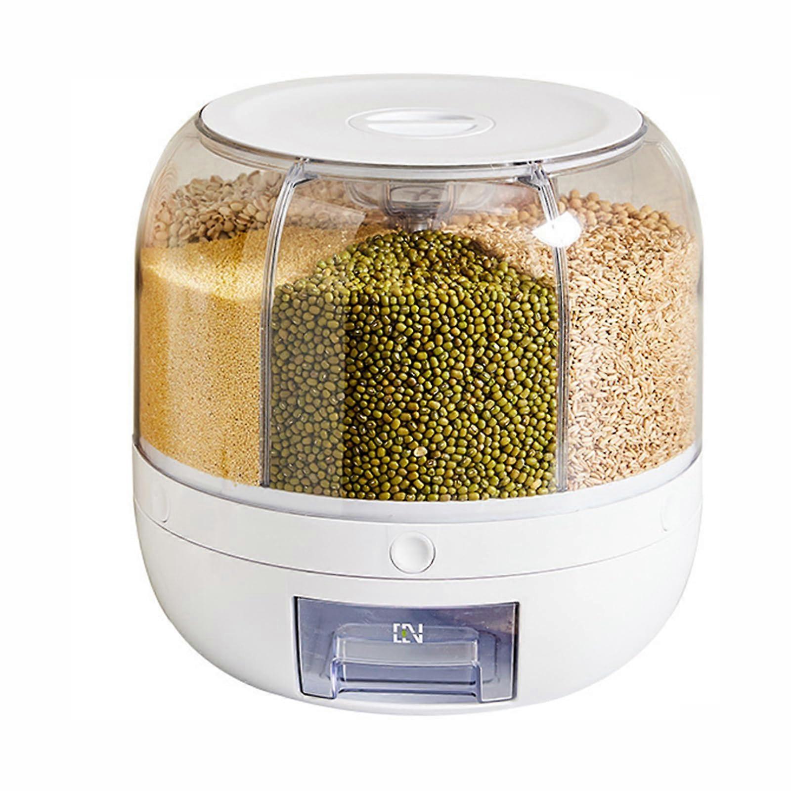 Grain Dispenser with 6 Compartments, OneTouch 360° Rotation Rice Storage Container for Kitchen