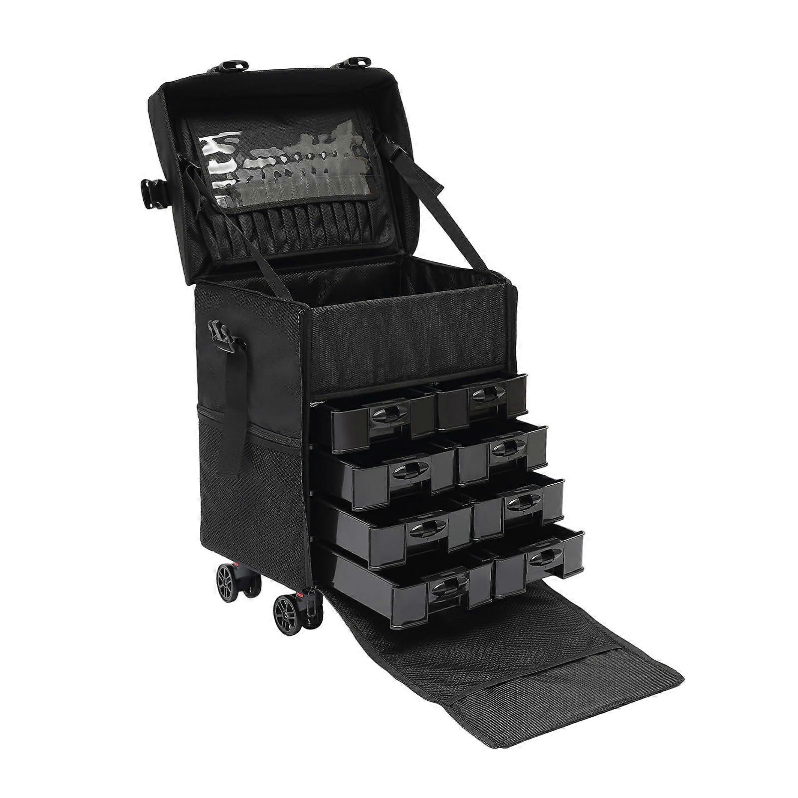 Rolling Makeup Case with Wheels, Large Capacity Soft Sided Trolley for Makeup Artists, Black