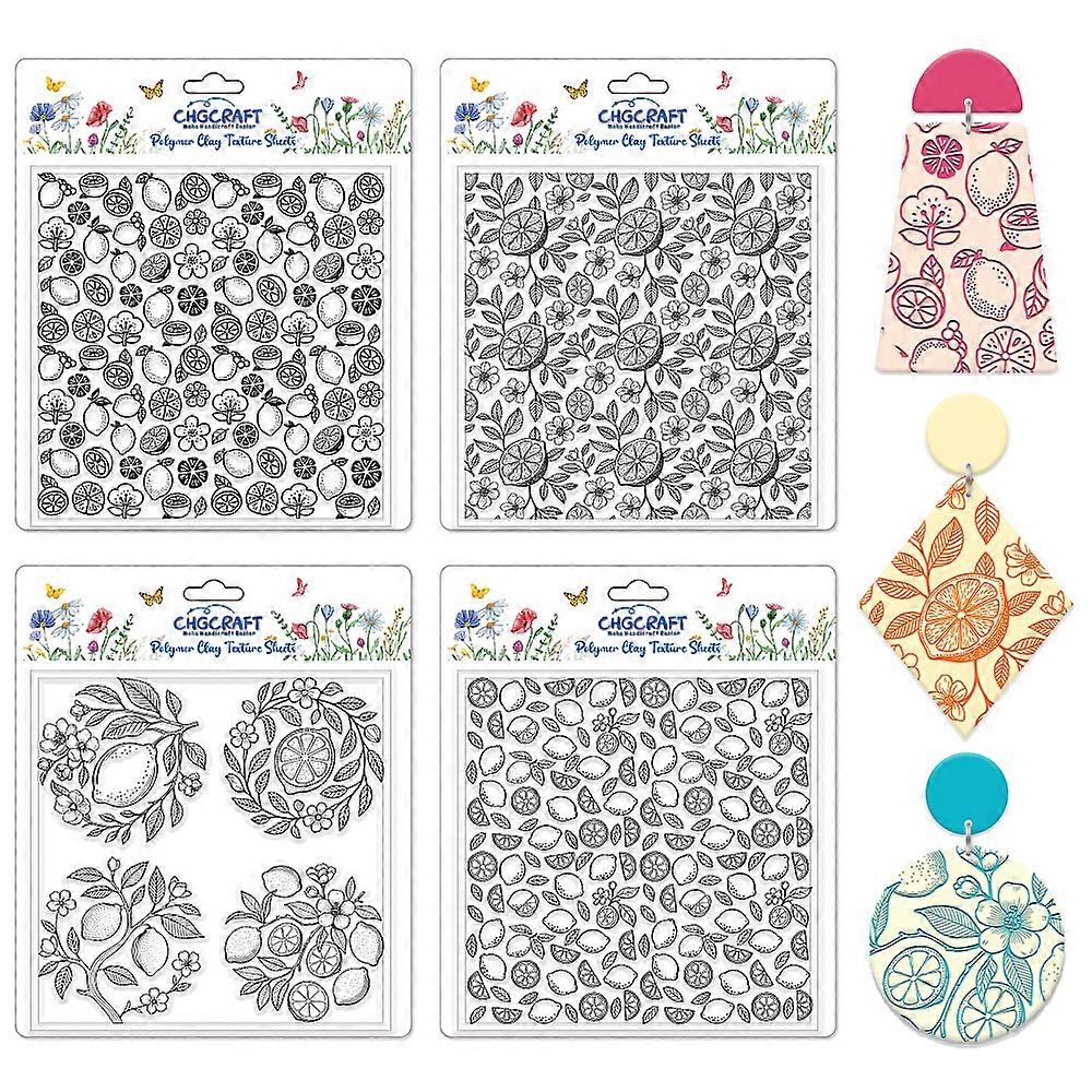 4 Sheets 4 Styles Vintage Lemons Polymer Clay Texture Sheets Lemon Slices Silicone Texture Stamp Flowers Modeling Pattern Pad Texture Sheets for Makin