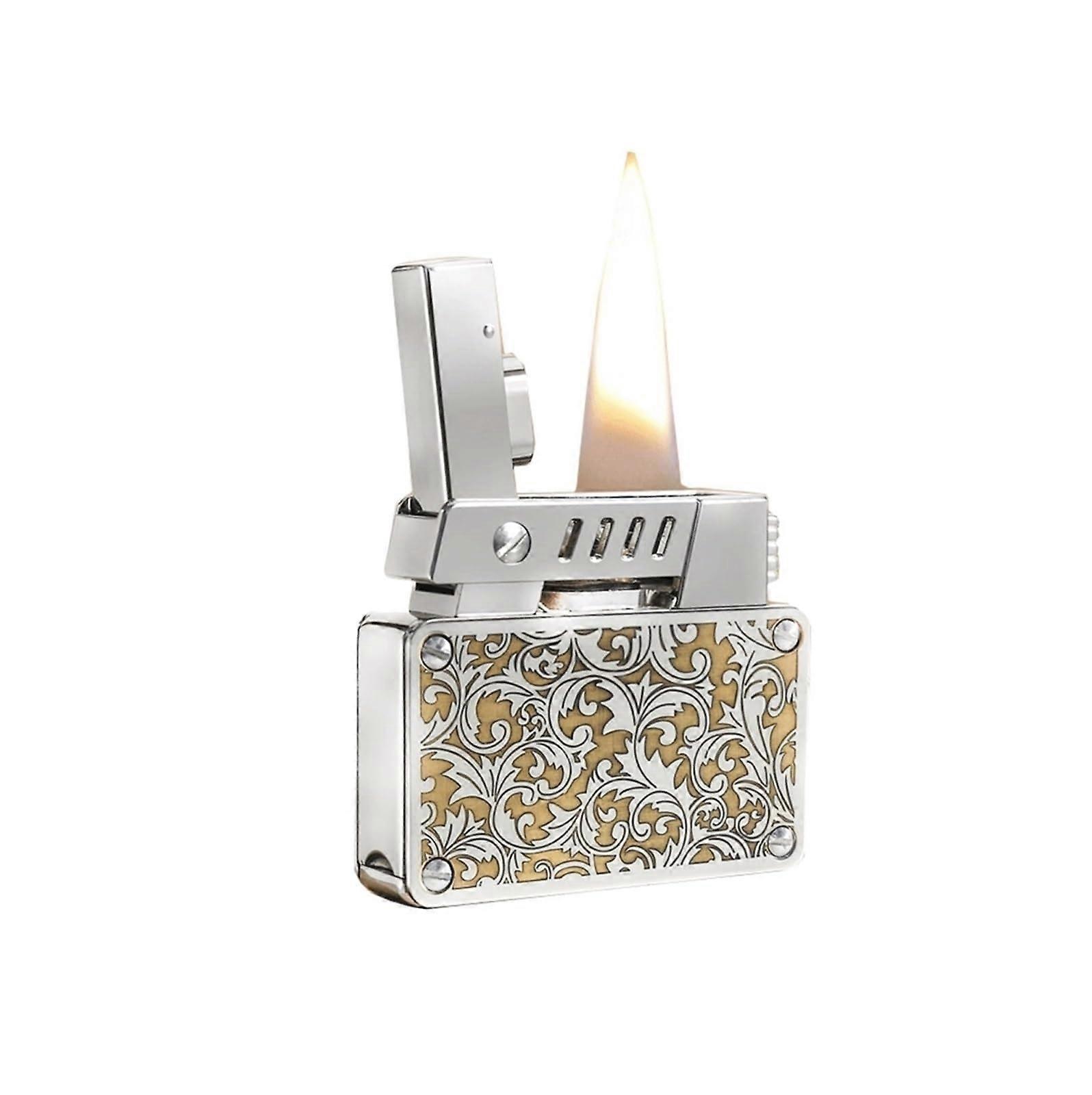 Windproof Kerosene Lighter Dual Flame Adjustable Brass Refillable Pocket Size for Camping Silver