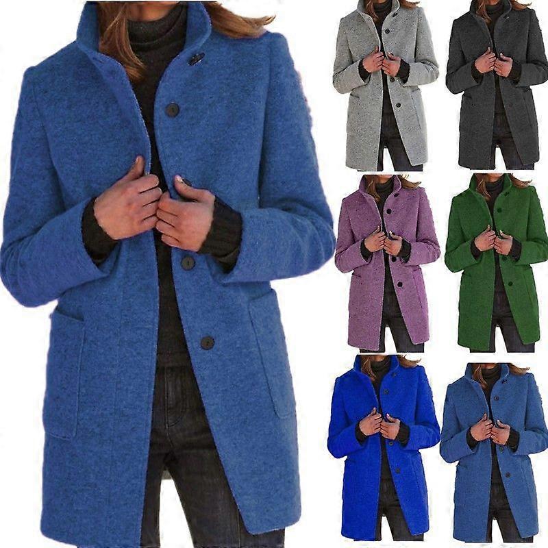 Vintage Solid-Color Buttoned Wool Coat With Stand-Up Collar
